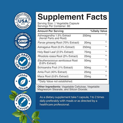 Herbal Adaptogen Mood Support Supplement - Calming Adaptogens Supplement for Stress & Cortisol Management with Ashwagandha Rhodiola Rosea & Maca Root - Vegan Non GMO & Daytime Friendly - 60ct