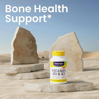Healthy Origins Vitamin D3 & K2 - Vitamin D3, 50 mcg - Vitamin K2, 200 mcg - Easily Absorbable Vitamin D & Vitamin K Supplements - Non-GMO & Gluten-Free Supplements - 60 Softgels