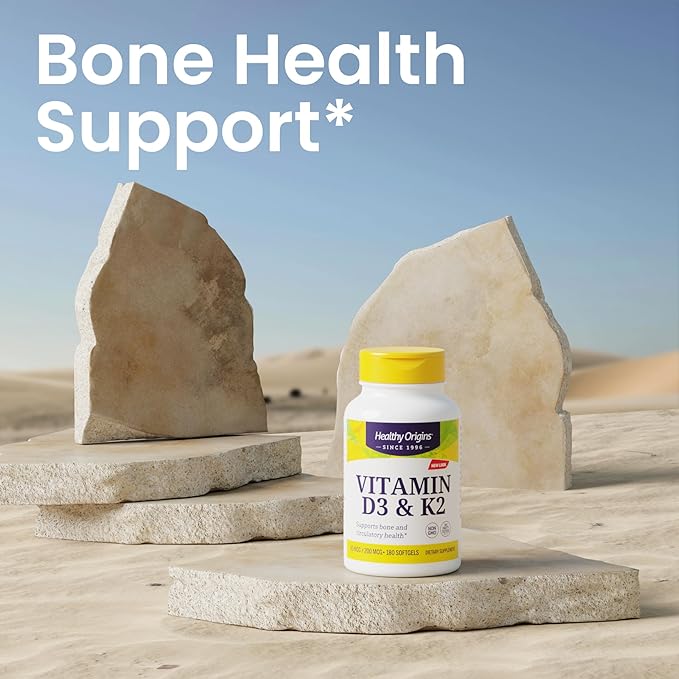 Healthy Origins Vitamin D3 & K2 - Vitamin D3, 50 mcg - Vitamin K2, 200 mcg - Easily Absorbable Vitamin D & Vitamin K Supplements - Non-GMO & Gluten-Free Supplements - 180 Softgels