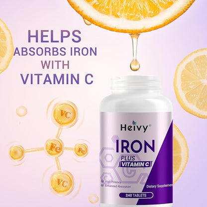 Ferrous Sulfate 325mg (Iron 65mg), High Potency Iron Supplement for Women and Men, Iron Pills with Vitamin C, Ferrous Sulfate, Non-GMO - 240 Tablets Made in USA