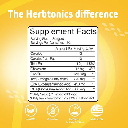Herbtonics Triple Strength 1250 mg Omega 3 Fish Oil Softgels | High EPA 450 mg + DHA 300 mg | Omega 3 Supplement for Healthy Heart Support | Burp Less Fish Oil Supplement - 180 Softgels