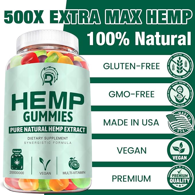 3 Pack Hemp Gummies Extra Strength Organic High Potency Hemp Supplement Gummy with Premium Hemp Oil Extract, Low Sugar Big Edible Gummy