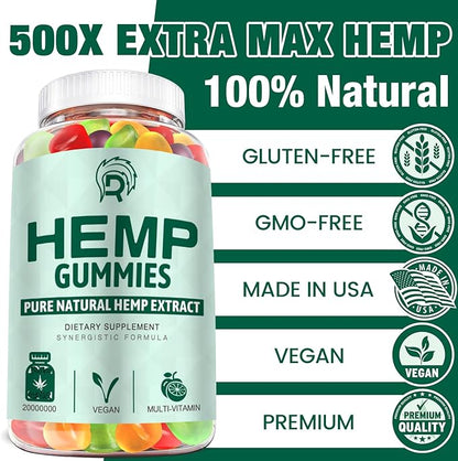 3 Pack Hemp Gummies Extra Strength Organic High Potency Hemp Supplement Gummy with Premium Hemp Oil Extract, Low Sugar Big Edible Gummy