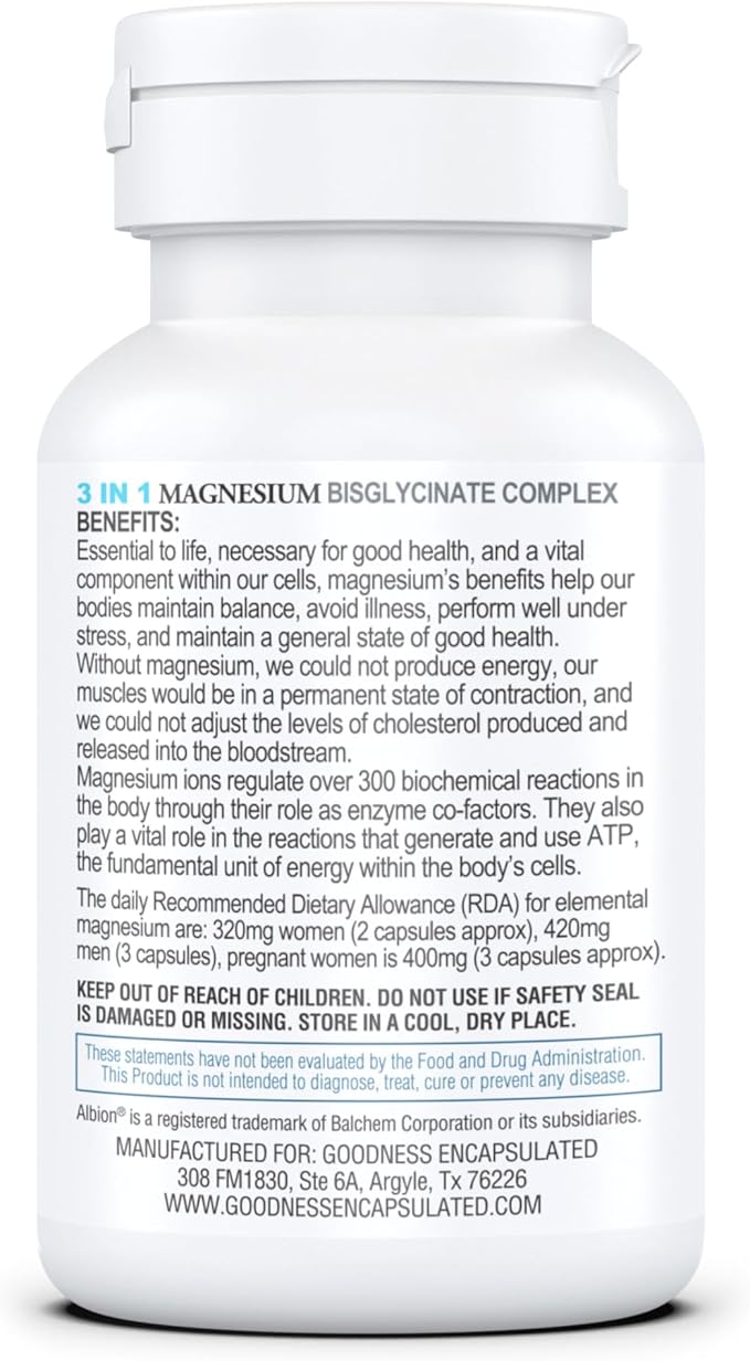Magnesium 3 in 1 Bisglycinate Complex, from GOODNESS ENCAPSULATED.