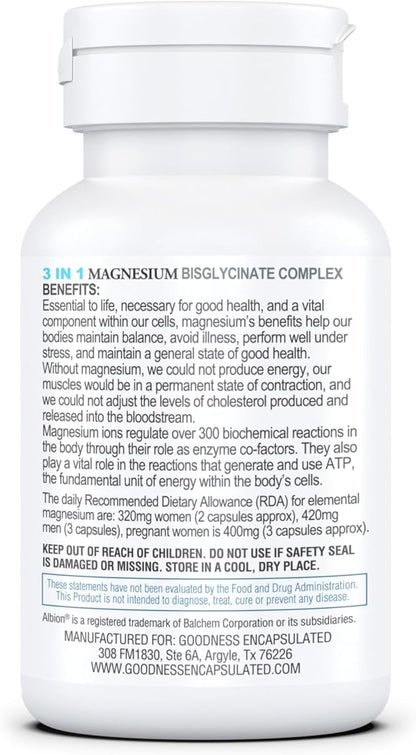 Magnesium 3 in 1 Bisglycinate Complex, from GOODNESS ENCAPSULATED.