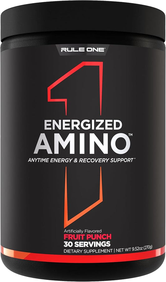 Rule 1 Energized Amino – Anytime Energy and Recovery Support with BCAAs, Glutamine, Citrulline, Beta Alanine, and Caffeine from Green Coffee & Tea Leaf Extracts (30 Servings, Fruit Punch)