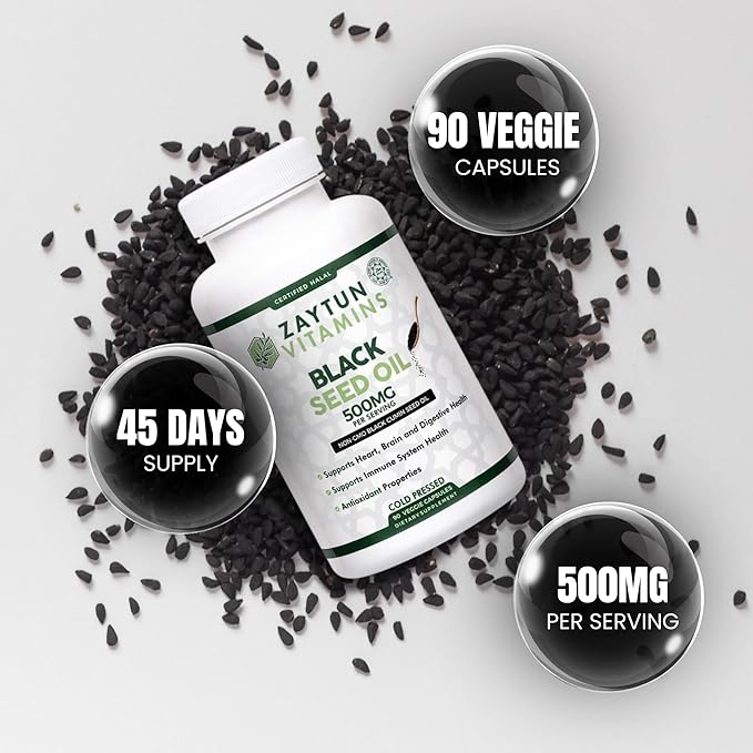 Halal Black Seed Oil, Supports Heart, Brain and Immune Health, Natural Anti-Oxidant, Non-GMO, Cold-Pressed, 90 Veggie Capsules, Made in USA - Halal Vitamins