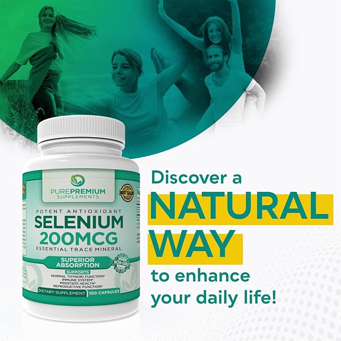 PurePremium Selenium 200mcg Supplement - L Selenomethionine Essential Mineral - Daily Support for Normal Thyroid, Immune System and Normal Prostate Function - 3 Months Supply - 100 Capsules