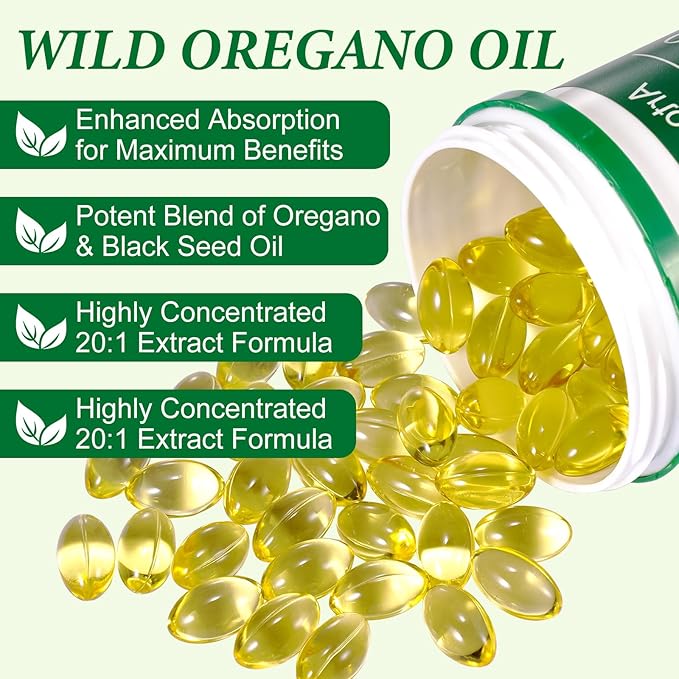 Oil of Oregano 120 Softgels, Wild Oregano Oi_l Garlic Extract Olive Leaf and Black Seed Oil - Plant Based, Immune Support & Digestive Health Supplement for Women and Men