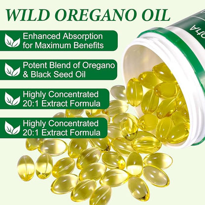 Oil of Oregano 120 Softgels, Wild Oregano Oi_l Garlic Extract Olive Leaf and Black Seed Oil - Plant Based, Immune Support & Digestive Health Supplement for Women and Men