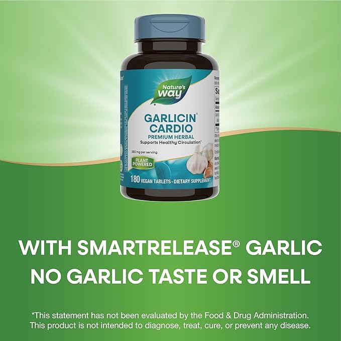 Nature's Way Garlicin Cardio, Premium Herbal, Supports Healthy Circulation*, No Garlic Taste, Vegan, 180 Tablets (Packaging May Vary)
