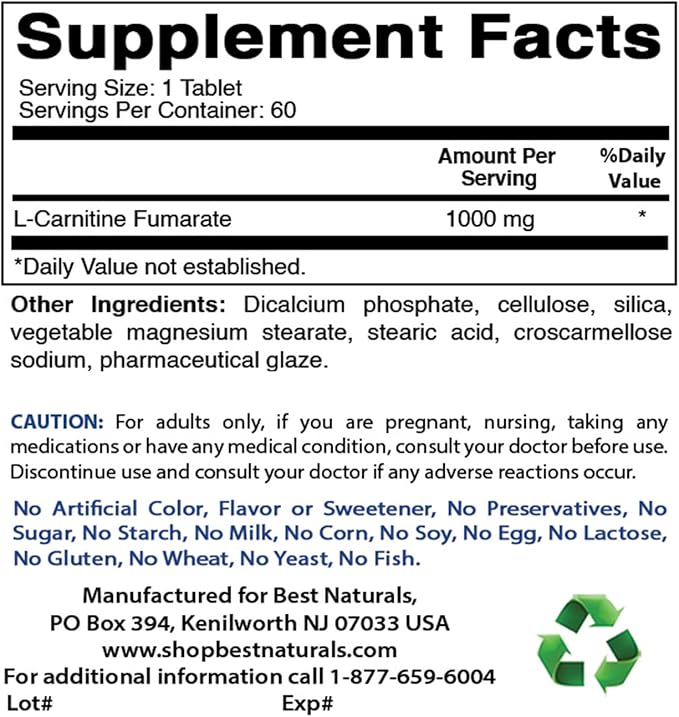 Best Naturals L-Carnitine 1000mg 60 Tablets (60 Count (Pack of 2))