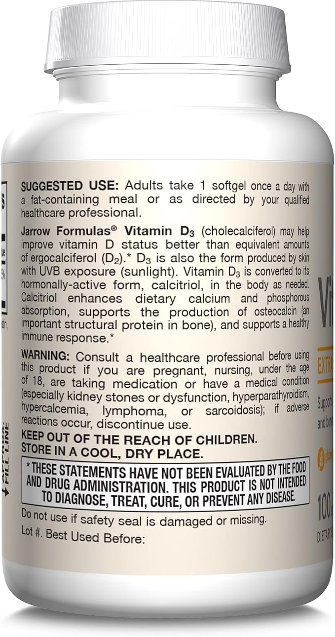 Jarrow Formulas Vitamin D3 25 mcg, Dietary Supplement, Bone and Joint, Support for Immune Health and Calcium Metabolism, 100 Softgels, 100 Day Supply