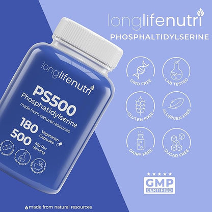 Phosphatidylserine Pure 500mg – 180 Vegetarian Pills, 3-Month Supply, Supplement for Strengthening Memory, Focus & Cognitive Function, Made in USA, Lab Tested, Soy Free, Non GMO