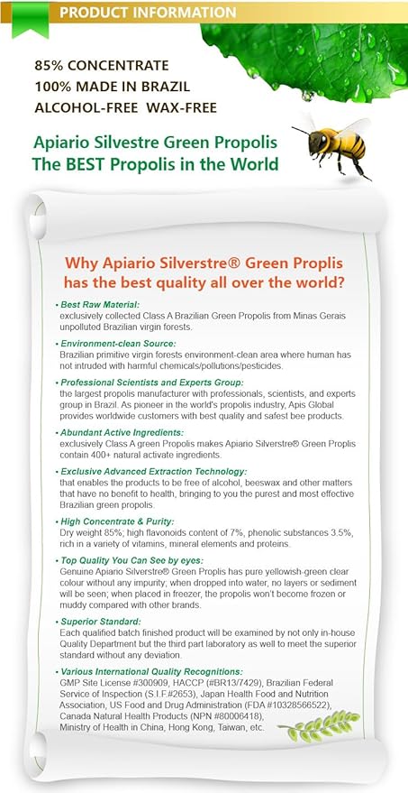 Official Distributor - 5 Bottles of Apiario Silvestre Brazilian Green Bee Propolis Liquid Glycolic Extract-Non Alcoholic, Wax Free, Sugar Free (PG)