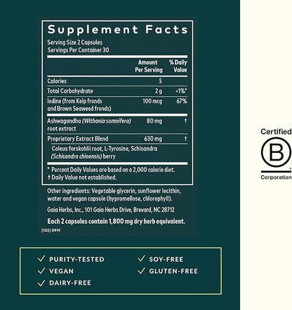 Gaia Herbs Thyroid Support - Made with Ashwagandha, Kelp, Brown Seaweed, and Schisandra to Support Healthy Metabolic Balance and Overall Well-Being - 60 Vegan Liquid Phyto-Capsules (20-Day Supply)