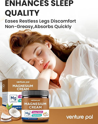 Venture Pal Magnesium Lotion, Topical Magnesium Cream for Sleep, Leg Cramps & Pain, Muscle Relaxation, Calm, Moisturizing Supplement with Coconut Oil, Shea Butter & Hyaluronic Acid, Safe for Kids
