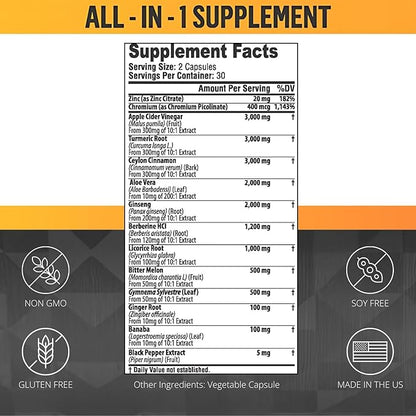 Ceylon Cinnamon Capsules 3000mg Turmeric 3000mg Apple Cider Vinegar 3000 mg Ginseng 2000mg Aloe Vera 2000mg Berberine Supplement 1200mg + Banaba | Bitter Melon | Gymnema | Ginger Root - 60 Count