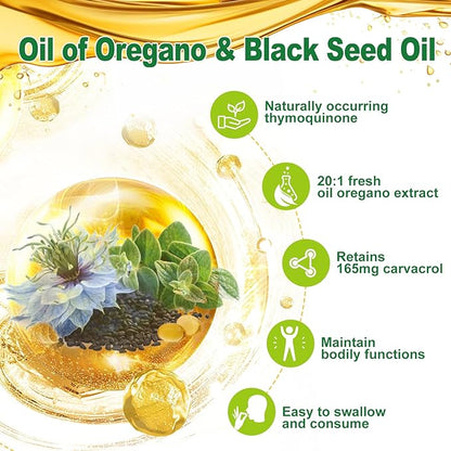 Nature's live Oil of Oregano with Black Seed Oil, 2 in 1 Oregano Supplement for Immune Health, Retains High Concentrated Carvacrol & Thymoquinone, Non-GMO, 3 Pack