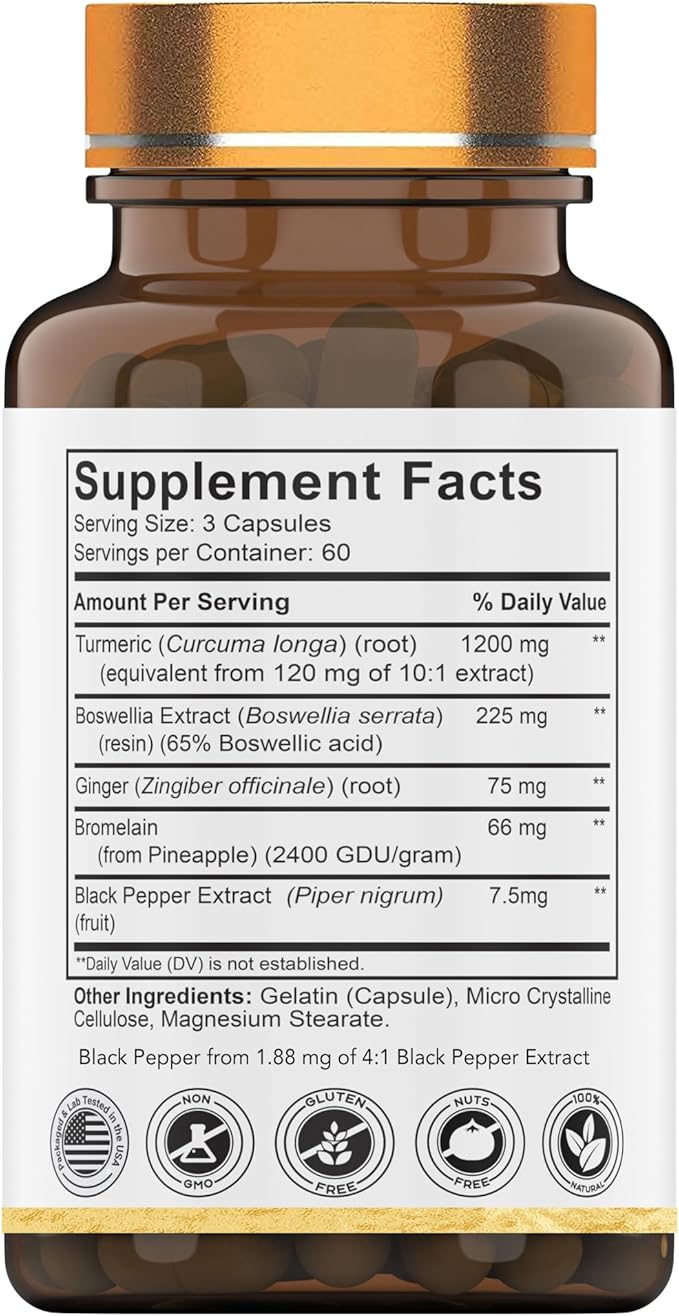 Turmeric & Boswellia Complex (180 Capsules) with Ginger Root, Bromelain, & Black Pepper Extract | Joint-Ease Formula: Powerful Joint Support Supplement* | Produced in The USA