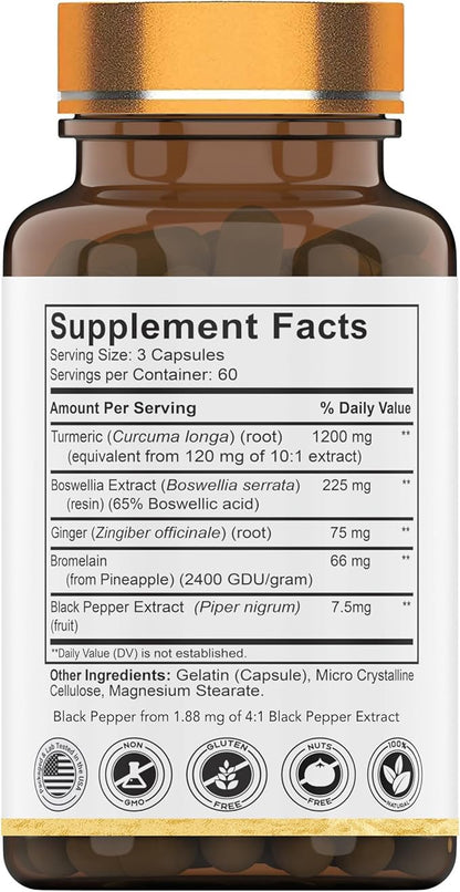 Turmeric & Boswellia Complex (180 Capsules) with Ginger Root, Bromelain, & Black Pepper Extract | Joint-Ease Formula: Powerful Joint Support Supplement* | Produced in The USA