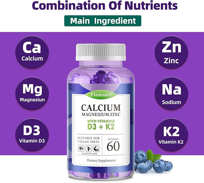 Calcium Magnesium Zinc Gummies with Vitamin D3 & K2 - High Potency Enhanced Absorption -120 Blueberry Gummies Flavored