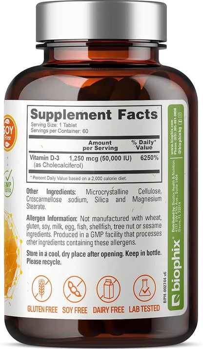 biophix Vitamin D-3 50000 IU 60 Tablets - High-Potency Supports Strong Bones Immune Health