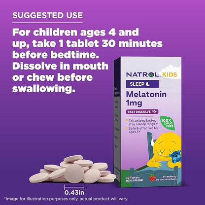 Natrol Kids Fast Dissolve Melatonin 1 mg, Dietary Supplement for Restful Sleep, Sleep Tablets for Kids, 30 Strawberry-Flavored Melatonin Tablets, 30 Day Supply