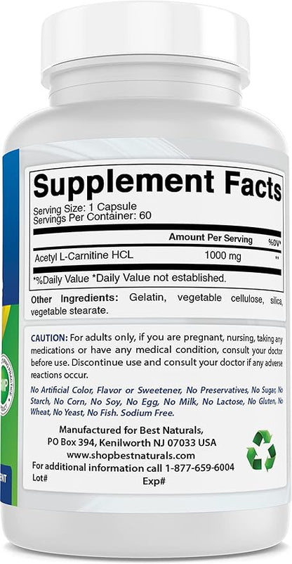 Best Naturals Acetyl L-Carnitine 1000 mg 60 Capsules (60 Count (Pack of 3))