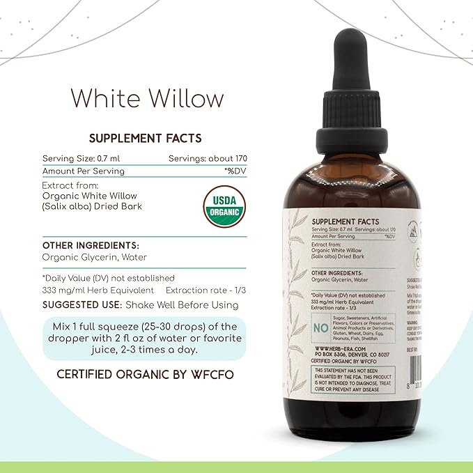 White Willow B120 (2pcs) Alcohol-Free Herbal Extract Tincture, Concentrated Liquid Drops Natural USDA Organic White Willow (Salix Alba) Dried Bark (2x4 fl oz)