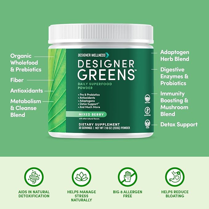 Designer Wellness, Designer Greens Superfood Powder with Prebiotics, Probiotics, Antioxidants, and Detox Support, 30 Servings