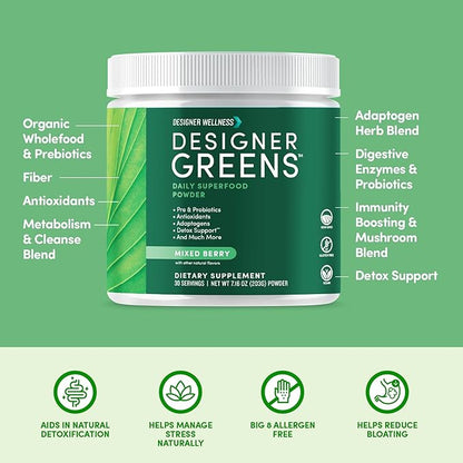 Designer Wellness, Designer Greens Superfood Powder with Prebiotics, Probiotics, Antioxidants, and Detox Support, 30 Servings