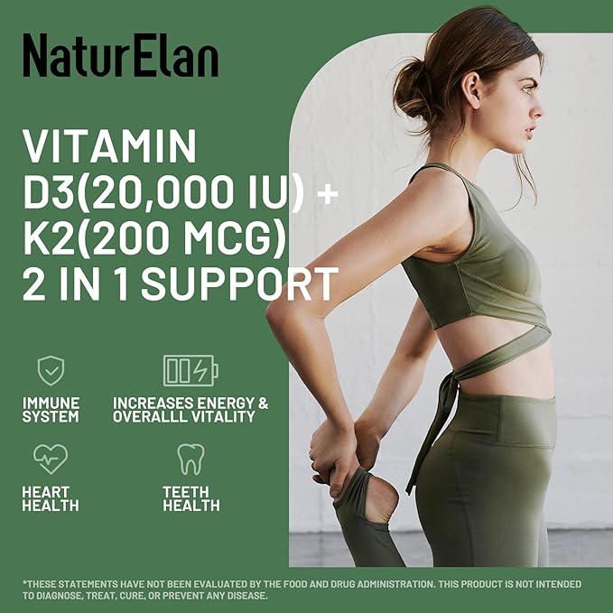 Vitamin D3 K2 Supplement - 20,000 IU+200mcg K2(MK-7), 180 Capsules, Third-Party Tested, K2 + D3 Supplements for Bone, Immune, Heart & Teeth Health Support, Vegan, Non-GMO, Gluten Free