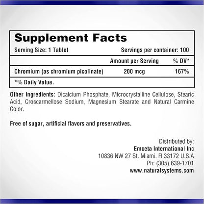 Chromium Picolinate 200 Mcg 100 Tablets by Natural Systems - Chromium Supplements for Active Lifestyle - Excellent Absorption Chromium Supplement - Non Sugar Chromium Capsules