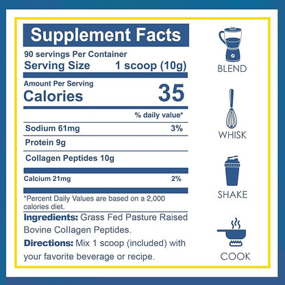 Zammex Collagen Peptides Powder, 90 Servings, Unflavored Instant Powdered, Pure Hydrolyzed Collagen Protein Powder (Type I, III) 100% Grass Fed, Paleo & Keto, Non-GMO, for Skin Hair Nail Joint