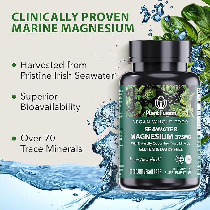 PlantFusion Vegan Magnesium Complex 375mg from Sea Water, Bioavailable Marine Magnesium with Fermented Organic Whole Food Blend, Non-GMO, Muscle & Relaxation Support, 60 Cap