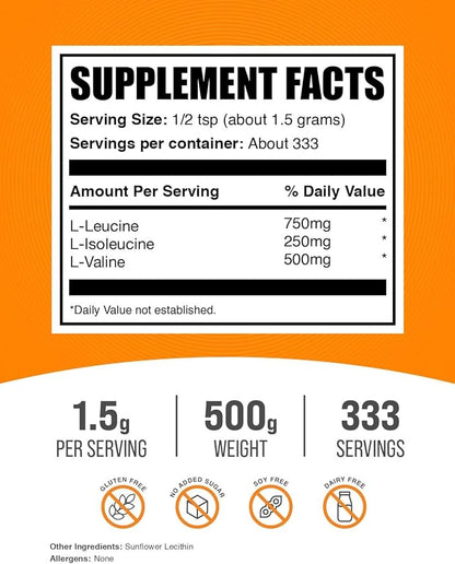 BulkSupplements.com BCAA 3:1:2 Powder - Branched Chain Amino Acids, BCAA Supplements, BCAA Powder - BCAAs Amino Acids Powder, Unflavored, 1500mg per Serving - 333 Servings, 500g (1.1 lbs)