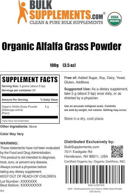 BulkSupplements.com Organic Alfalfa Grass Powder - Alfalfa Supplement, Green Superfood Powder, Alfalfa Powder Organic - Vegan & Gluten Free, 5g per Serving, 100g (3.5 oz) (Pack of 1)