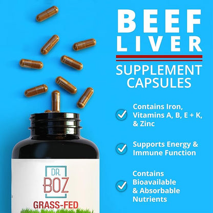 Dr. Boz - Beef Liver Capsules, 30 Servings - 4500mg Cow Liver - Energy, Immunity, & Health - Vitamin A, B12, Zinc, & Iron Supplement - Grass Fed & Pasture Raised Cows - Made in The USA - Self Care