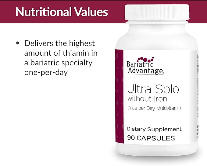 Bariatric Advantage Ultra Solo Without Iron - Once-Per-Day Daily Multivitamin - for Bariatric Patients - with Thiamin, Vitamin A & More - Gluten Free - 90 Capsules