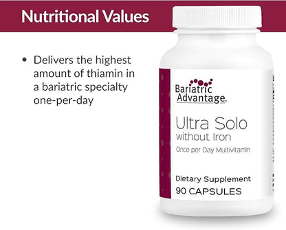 Bariatric Advantage Ultra Solo Without Iron - Once-Per-Day Daily Multivitamin - for Bariatric Patients - with Thiamin, Vitamin A & More - Gluten Free - 90 Capsules