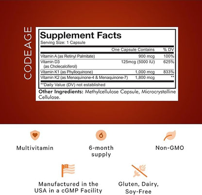 Codeage ADK Vitamins Supplement - Essential Vitamin A, D3 5000 IU, K1 & K2 (MK4 & MK7) - 6-Month Supply - 1 Capsule per Serving, Non-GMO, Gluten-Free - 180 Capsules