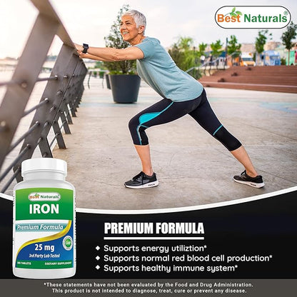 Best Naturals Iron Supplement (Iron Bisglycinate) - 25mg - 180 Tablets - Gentle of Stomach - Non-Constipating