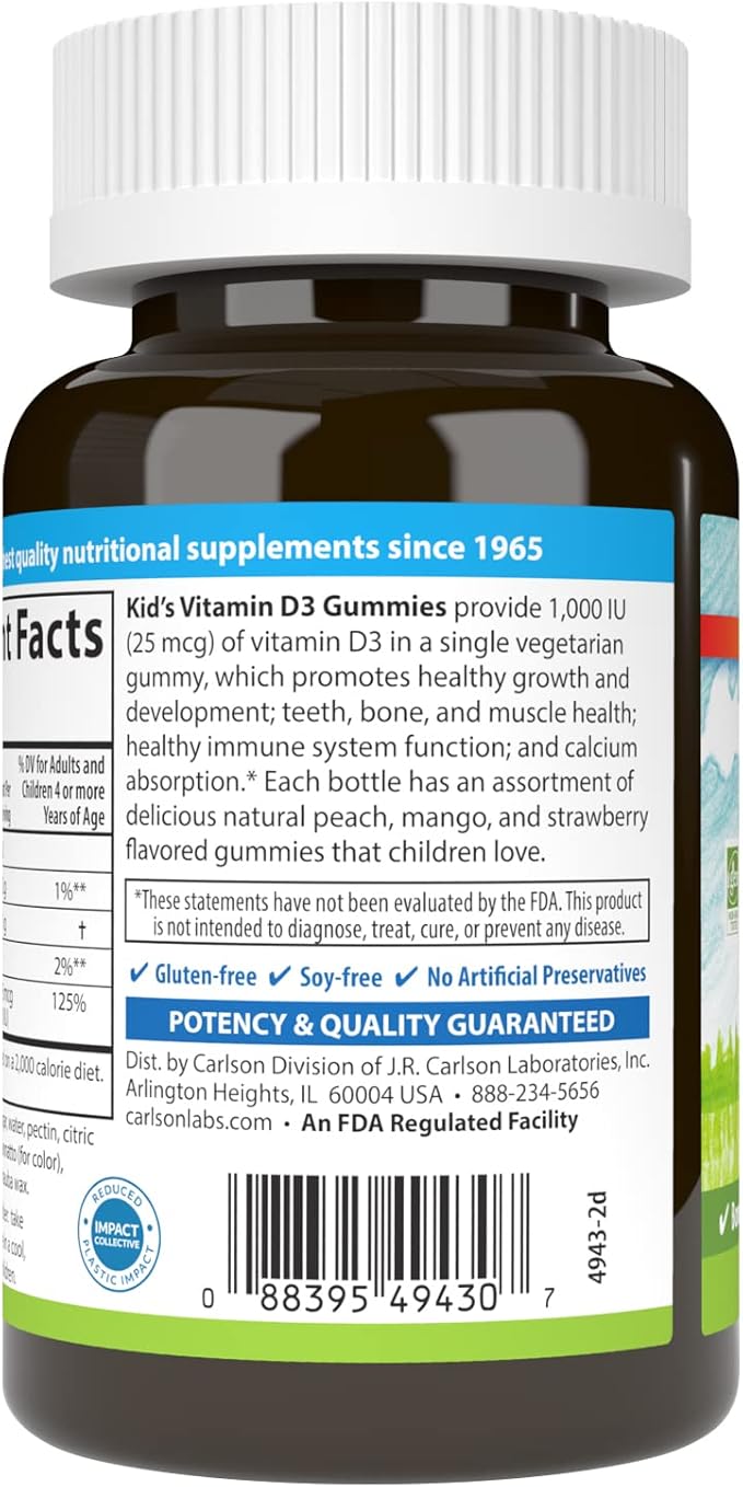 Carlson - Kid's Vitamin D3 Gummies, 1000 IU (25 mcg), Bone Health & Immune Support, Growth & Development, Vitamin D Gummies, D3 Gummy Vitamins, Natural Fruit Flavors, 60 Vegetarian Gummies