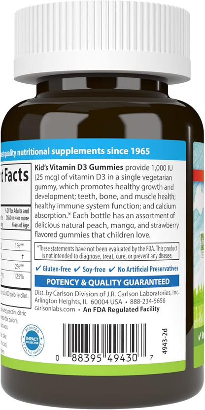 Carlson - Kid's Vitamin D3 Gummies, 1000 IU (25 mcg), Bone Health & Immune Support, Growth & Development, Vitamin D Gummies, D3 Gummy Vitamins, Natural Fruit Flavors, 60 Vegetarian Gummies