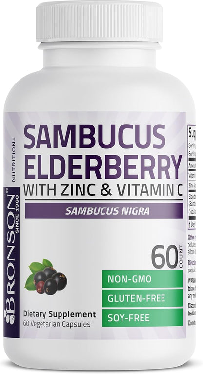 Bronson Sambucus Elderberry with Zinc & Vitamin C Triple Immune Support Complex Immune & Antioxidant Protection, Non-GMO, 60 Vegetarian Capsules