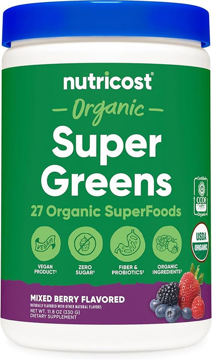 Nutricost Organic Super Greens Powder (30 Servings) Mixed Berry Flavor - Superfood Supplement Drink Mix