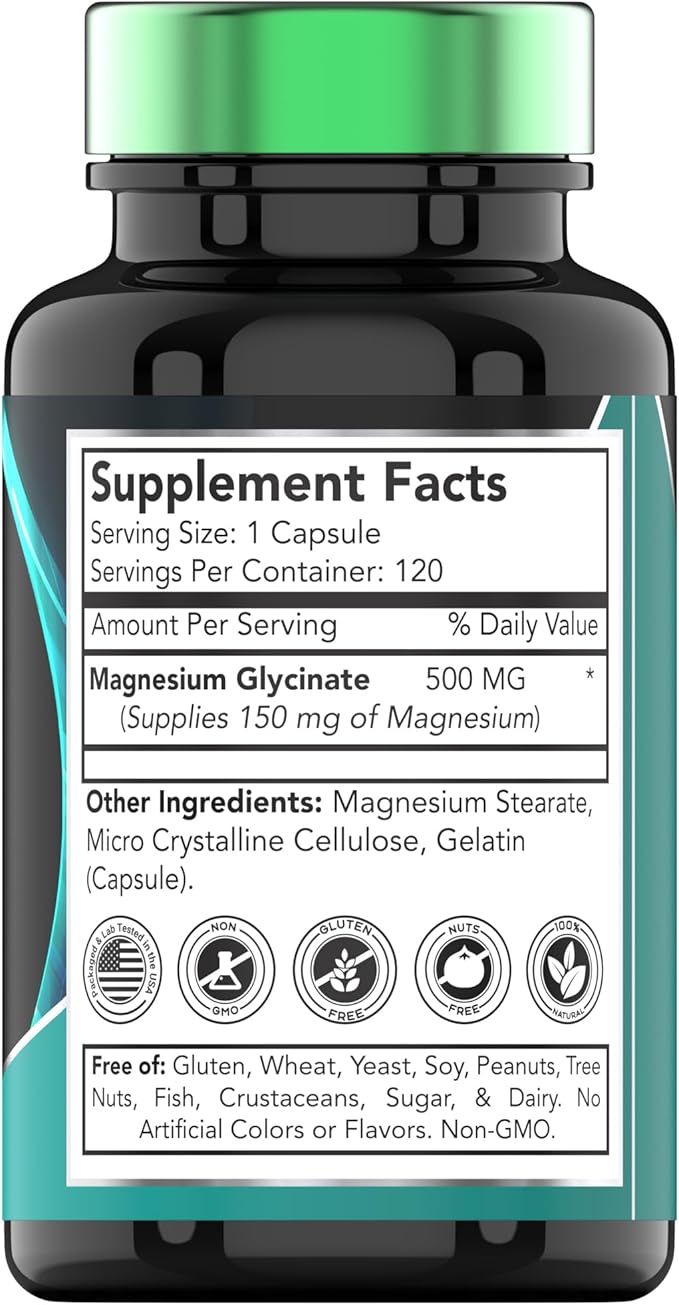 Magnesium Glycinate 500mg Per Capsule - 120 Count | 4 Month Supply! | Pure Chelated Magnesium Supplement for Sleep, Calm, Nerve, Joint, & Bone Support* | AKA Magnesium Bisgycinate | Non-GMO