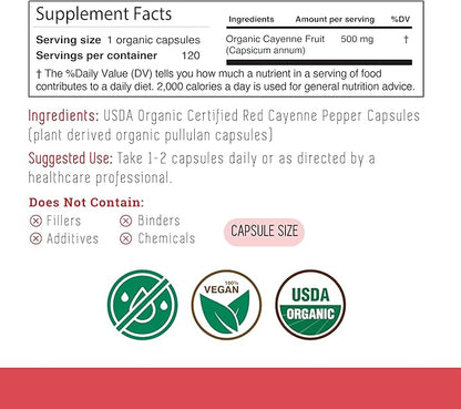 INCAS 100% USDA Organic Cayenne Pepper 120 Capsules (500mg) 45,000 SHU Traditional Digestion & Circulation Support Pure, No Additives & Fillers | 120 Servings