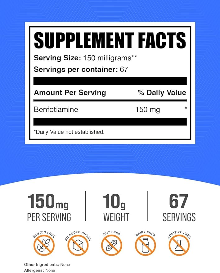BulkSupplements.com Benfotiamine Powder - Thiamine B1 Supplement, Benfotiamine Supplement - Benfotiamine 150mg, Gluten Free - 150mg per Serving, 10g (0.35 oz) (Pack of 1)